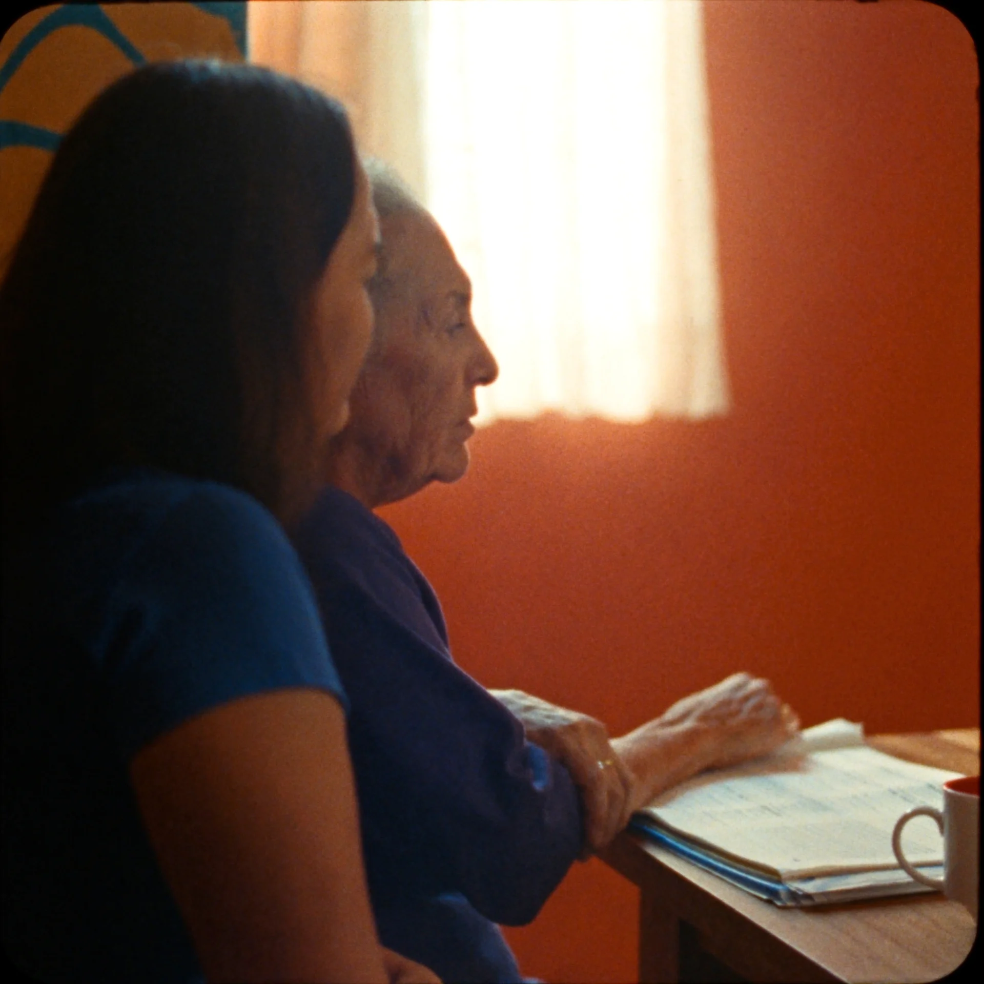 Filha e mãe idosa sentadas à mesa com documentos organizados e luz quente