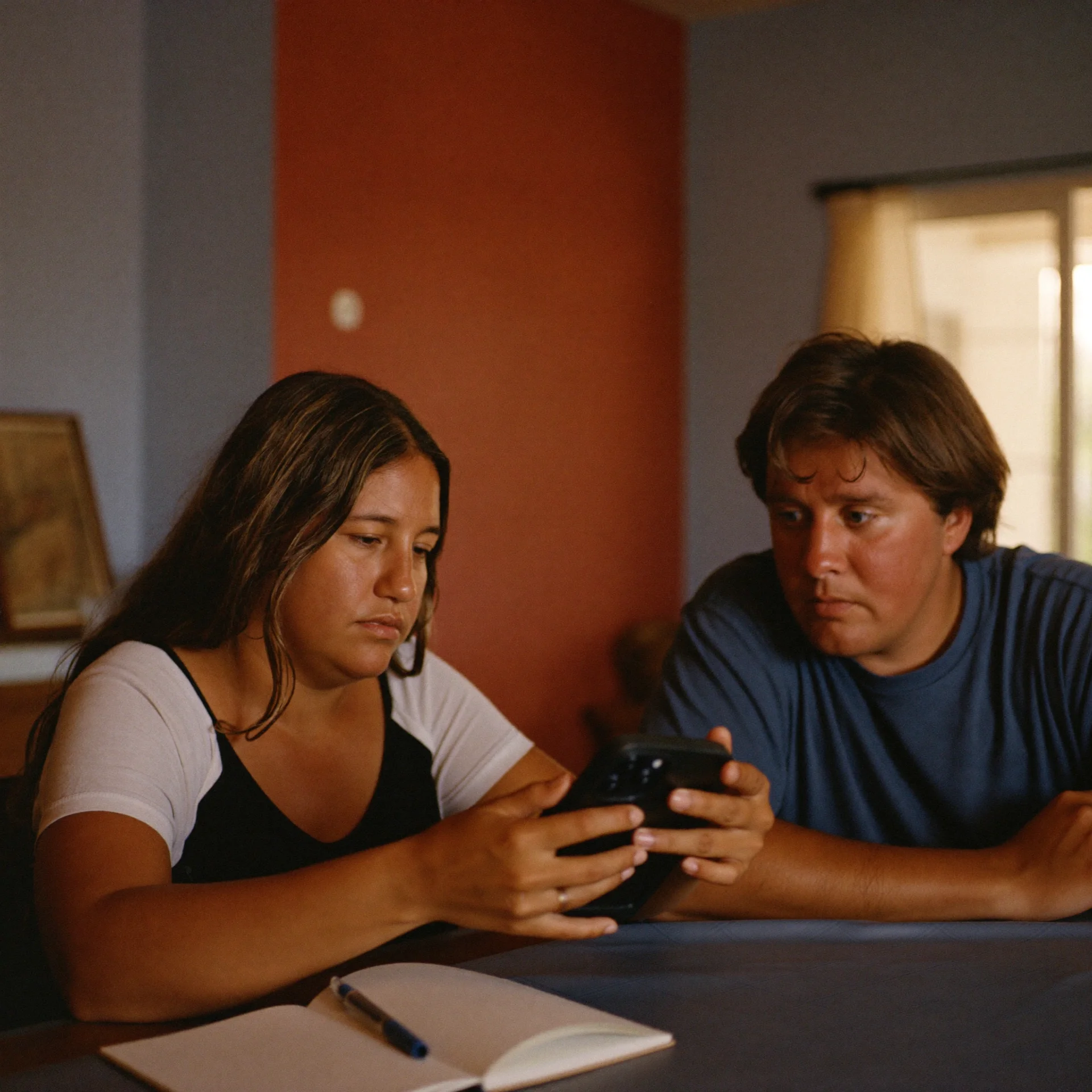 Dois irmãos revisando juntos um telefone à mesa